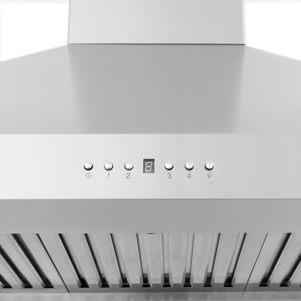 ZLINE Convertible Vent Wall Mount Range Hood in Stainless Steel (KF2) fan and lighting control buttons.