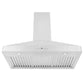 ZLINE KF2 stainless steel wall mount range hood front under view of baffle filters and LED lighting.
