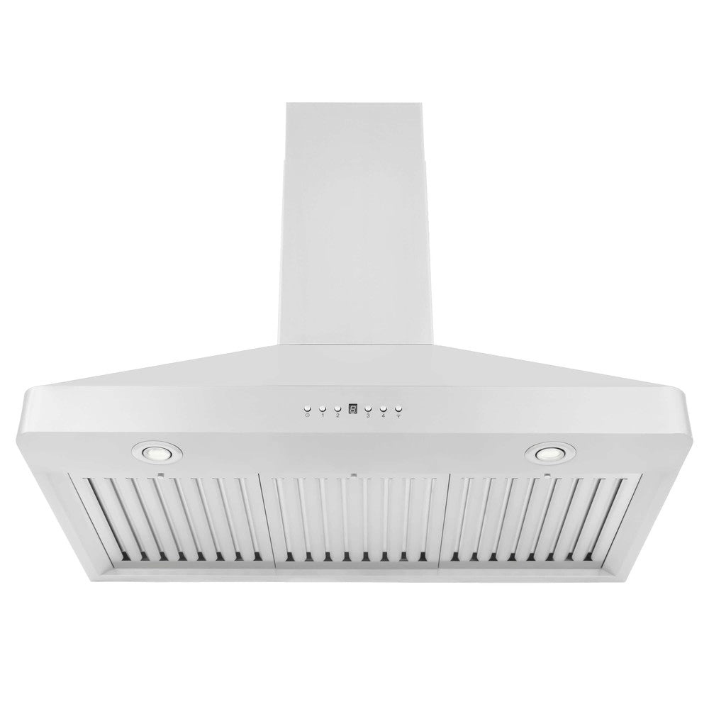 ZLINE KF2 stainless steel wall mount range hood front under view of baffle filters and LED lighting.