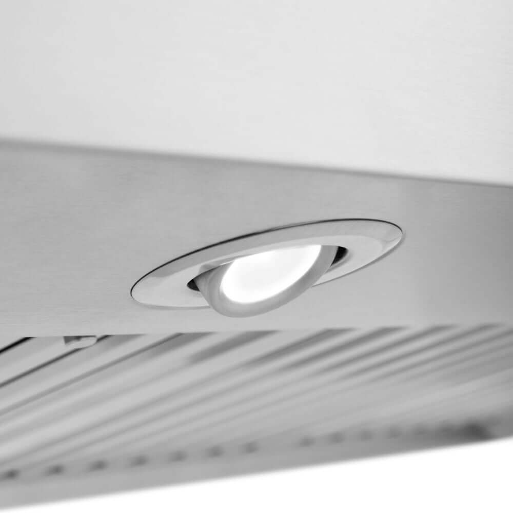 ZLINE Convertible Vent Wall Mount Range Hood in Stainless Steel (KF2) built-in LED light close-up.