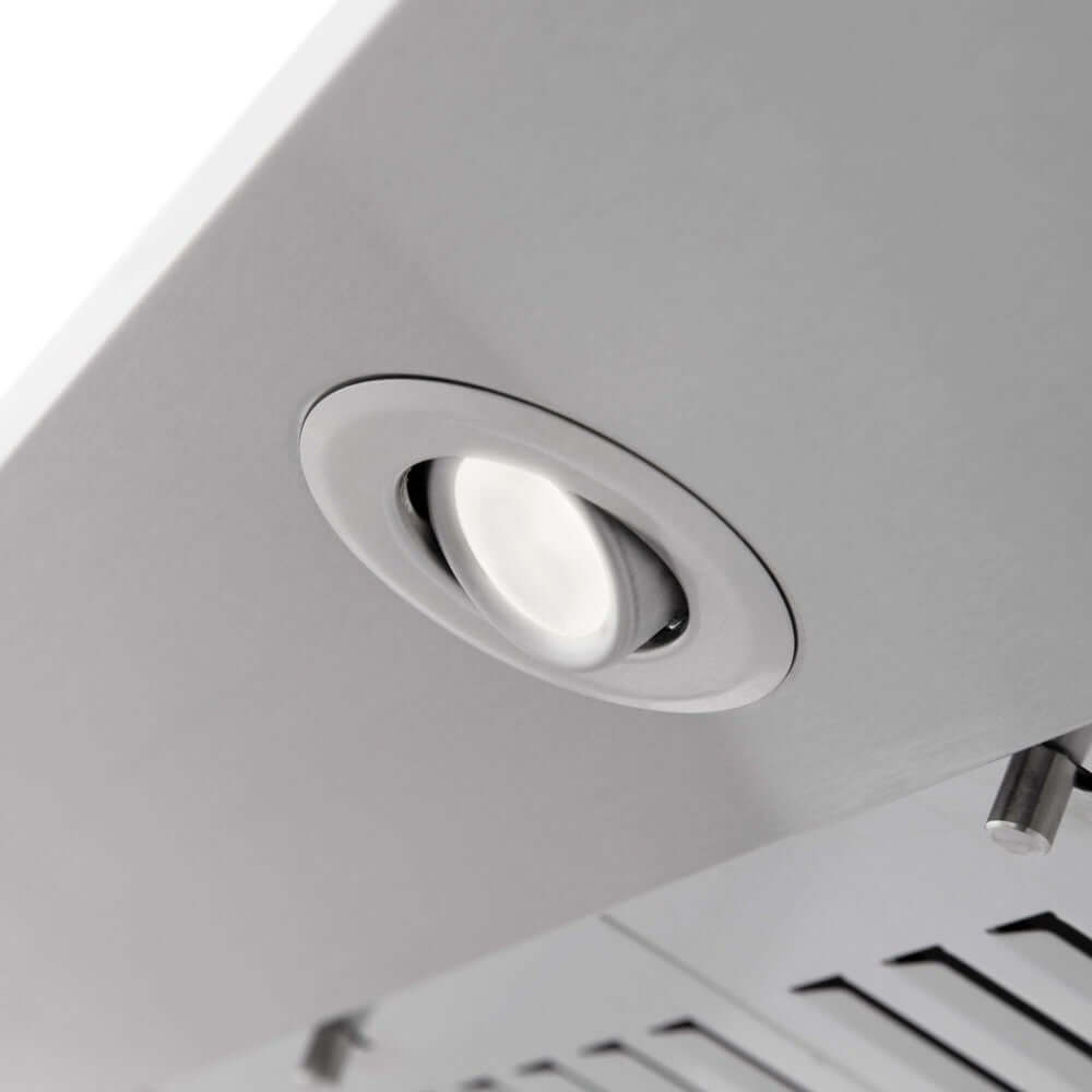 ZLINE 30 in. Wall Mount Range Hood in Stainless Steel with Built-in ZLINE CrownSound Bluetooth Speakers (KF2CRN-BT) built-in LED light close-up.