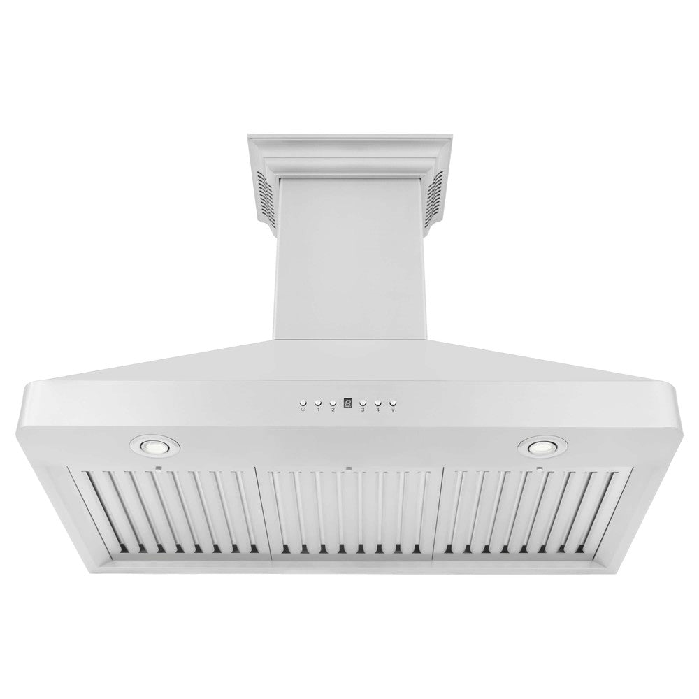 ZLINE KF2 stainless steel wall mount range hood front under view of baffle filters and LED lighting.