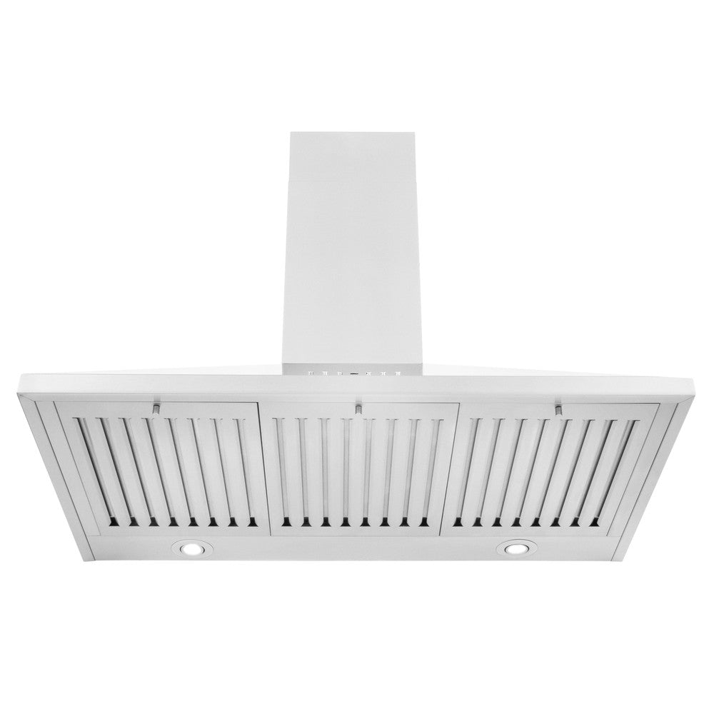 ZLINE Convertible Vent Wall Mount Range Hood in Stainless Steel (KL2) front under of LED lighting and triple baffle filters.