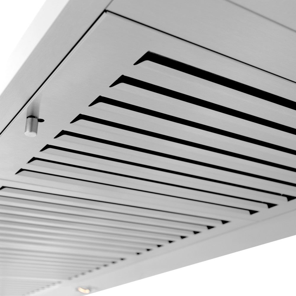 ZLINE Convertible Vent Wall Mount Range Hood in Stainless Steel (KL2) close up of dishwasher-safe baffle filters.