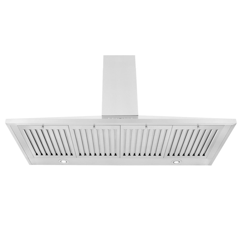 ZLINE Convertible Vent Wall Mount Range Hood in Stainless Steel (KL2) 48" front under showing LED lighting and quad baffle filters.
