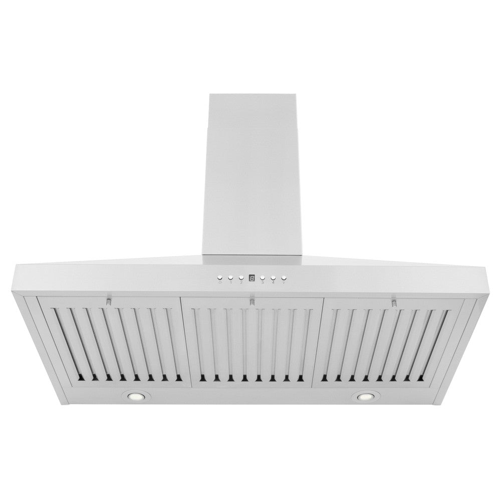ZLINE Convertible Vent Wall Mount Range Hood in Stainless Steel (KL3) front under, showing filters, LED lighting, and button panel.