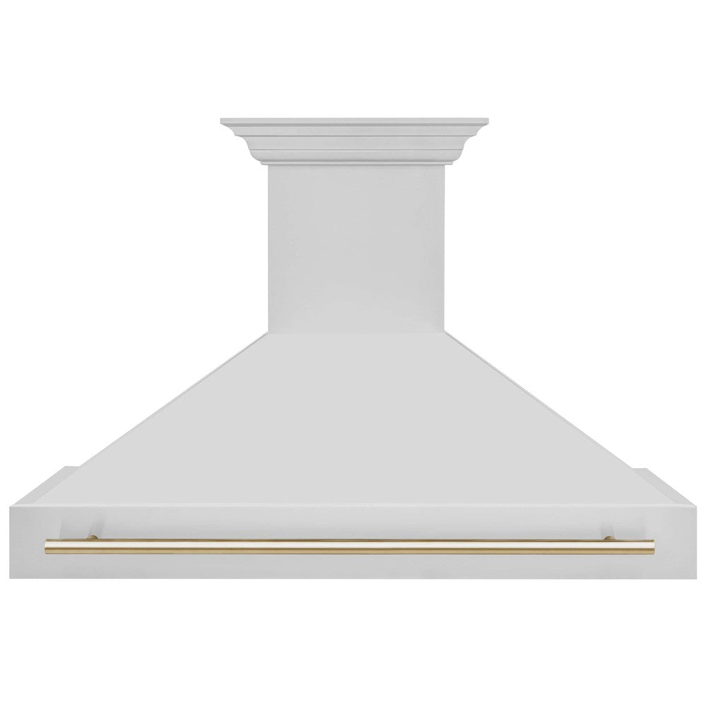 ZLINE Autograph Edition 48" Wall Mount Range Hood with Gold accent handle front.