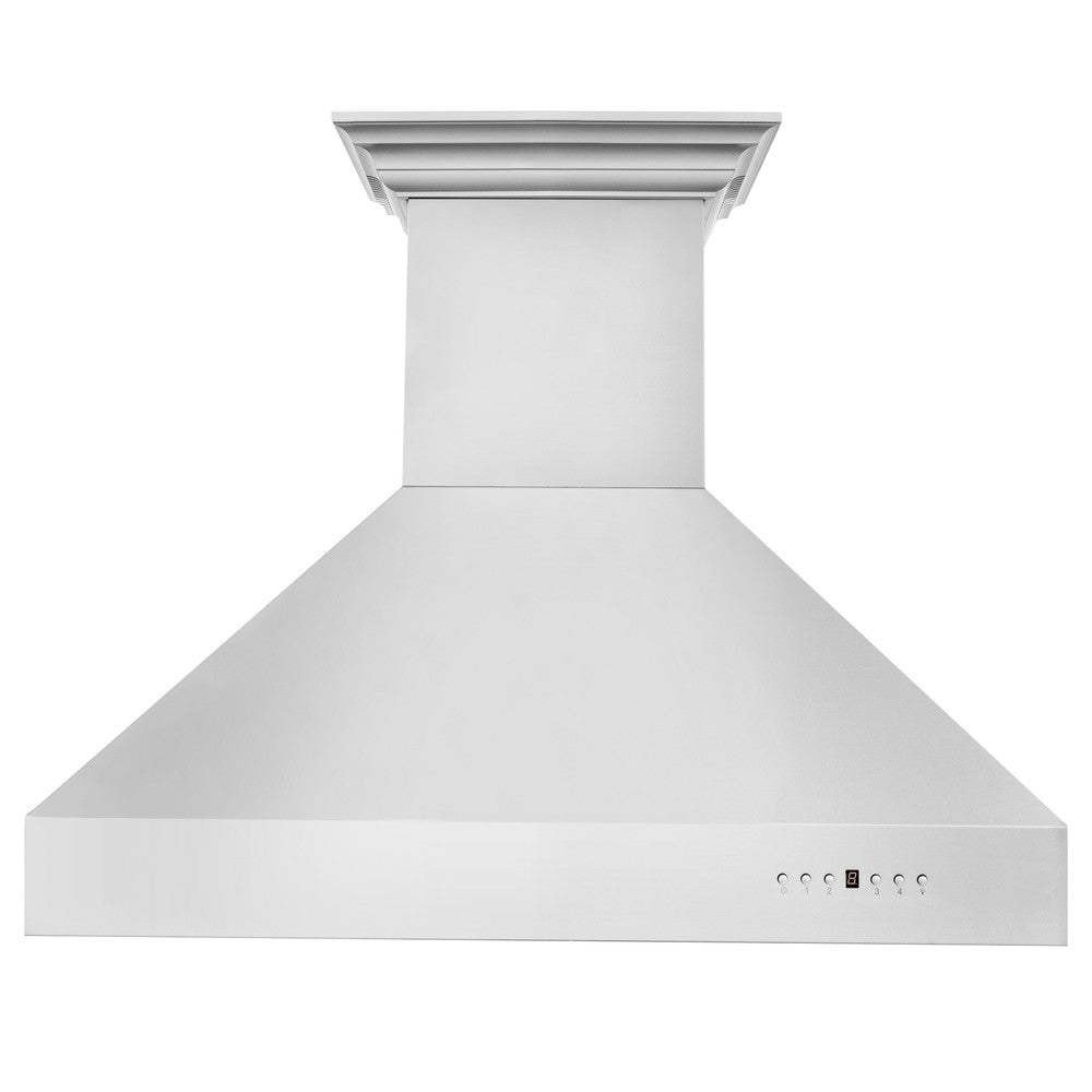 ZLINE Professional Wall Mount Range Hood in Stainless Steel with Built-in ZLINE CrownSound Bluetooth Speakers (697CRN-BT) front.