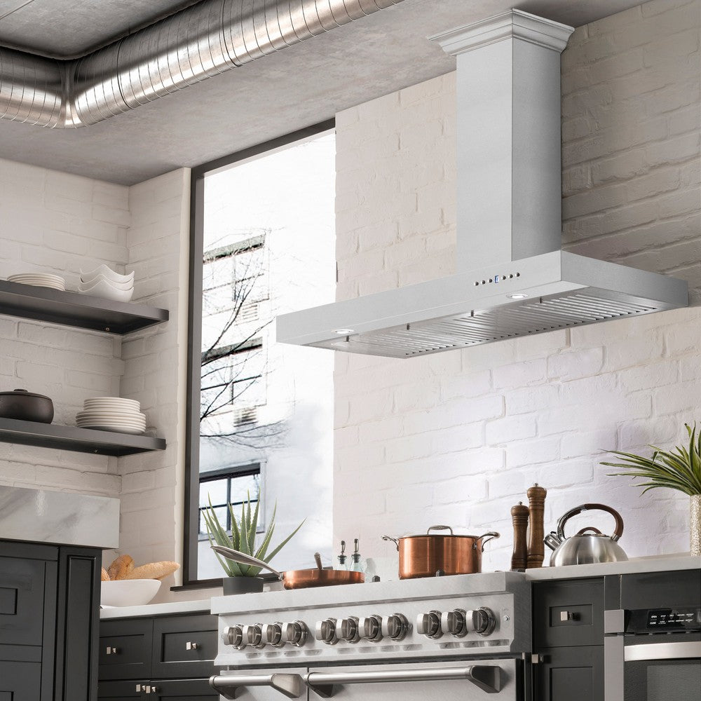 ZLINE KE low-profile wall mount range hood in a modern kitchen apartment