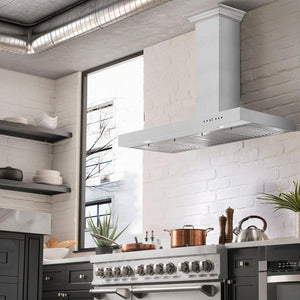ZLINE Convertible Vent Wall Mount Range Hood in Stainless Steel (KE) in a modern kitchen apartment
