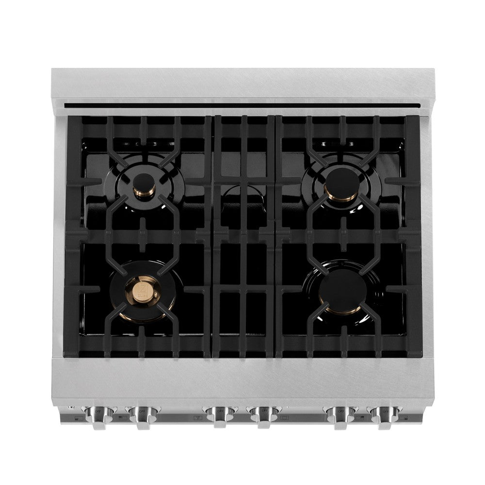 ZLINE 30 in. 4.0 cu. ft. Legacy Dual Fuel Range with Gas Cooktop and Electric Convection Oven in Satin Stainless Steel with 4 Brass Burners and Griddle (RAS-SN-BR-GR-30) top-down, above cooktop.