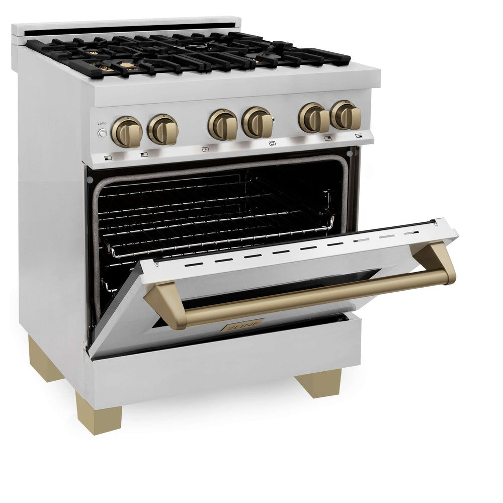 ZLINE Autograph Edition 30 in. Kitchen Package with Stainless Steel Dual Fuel Range, Range Hood, Dishwasher and Refrigeration with Champagne Bronze Accents (4KAPR-RARHDWM30-CB)