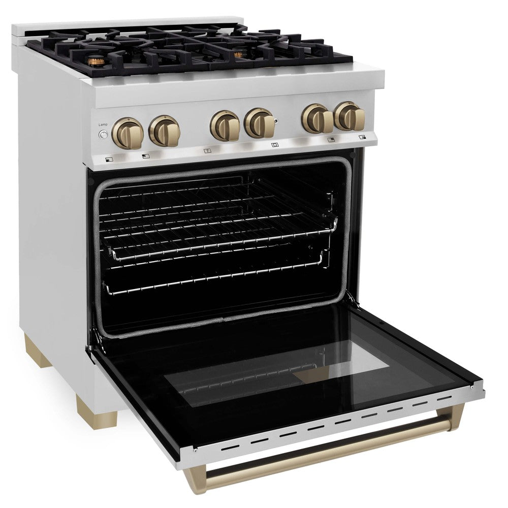 ZLINE Autograph Edition 30 in. 4.0 cu. ft. Dual Fuel Range with Gas Stove and Electric Oven in Stainless Steel with Champagne Bronze (RAZ-30) Side View Oven Door Open
