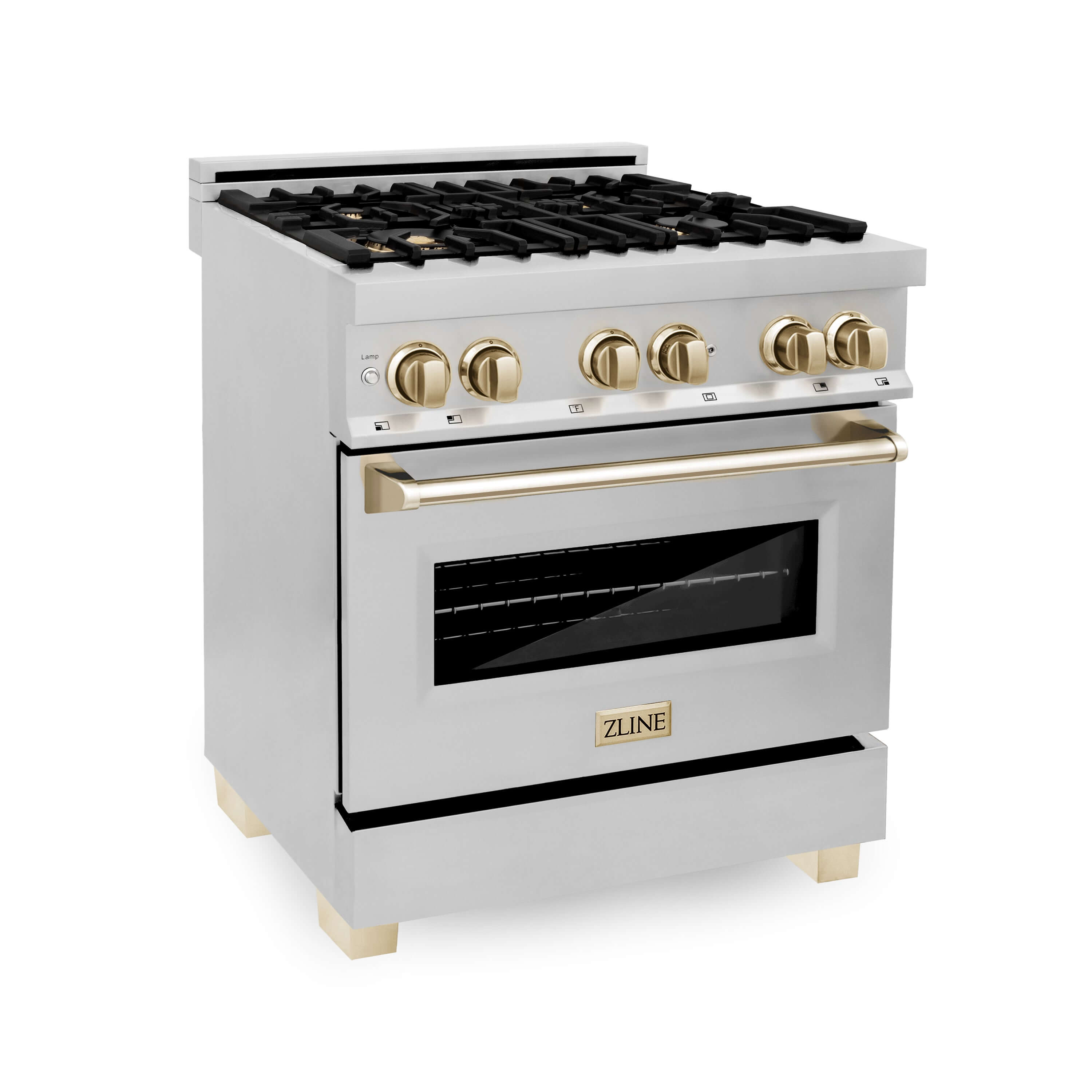 ZLINE Autograph Edition 30 in. Kitchen Package with Stainless Steel Dual Fuel Range, Range Hood, Dishwasher and French Door Refrigerator with Polished Gold Accents (4KAPR-RARHDWM30-G)
