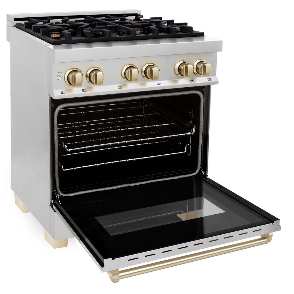 ZLINE Autograph Edition 30 in. 4.0 cu. ft. Dual Fuel Range with Gas Stove and Electric Oven in Stainless Steel with Gold Accents (RAZ-30) Side View Oven Door Open