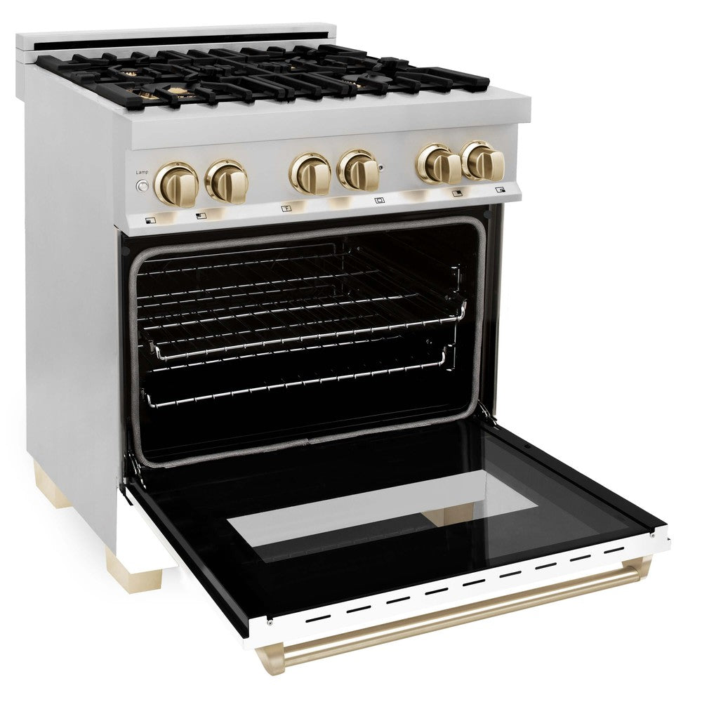 ZLINE Autograph Edition 30" Dual Fuel Range with White Matte Oven Door and Polished Gold Accents (RAZ-WM-30-G) side, door open
