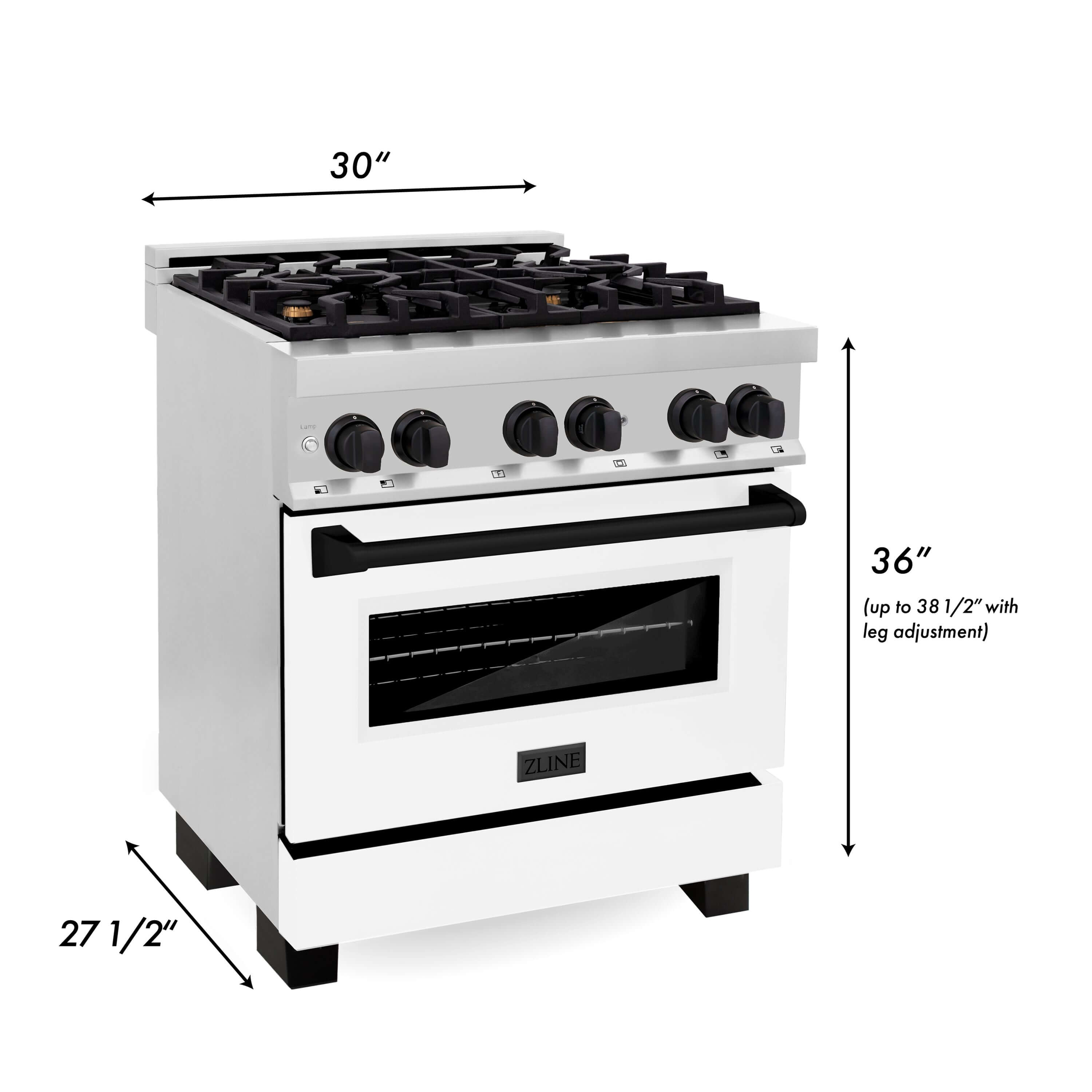 ZLINE Autograph Edition 30 in. Kitchen Package with Stainless Steel Dual Fuel Range with White Matte Door and Range Hood with Matte Black Accents (2AKP-RAWMRH30-MB) dimensional diagram with measurements.
