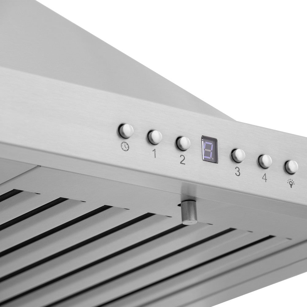ZLINE 42 in. Recirculating Wall Mount Range Hood with Charcoal Filters in Stainless Steel (KB-CF-42) fan and lighting control buttons.