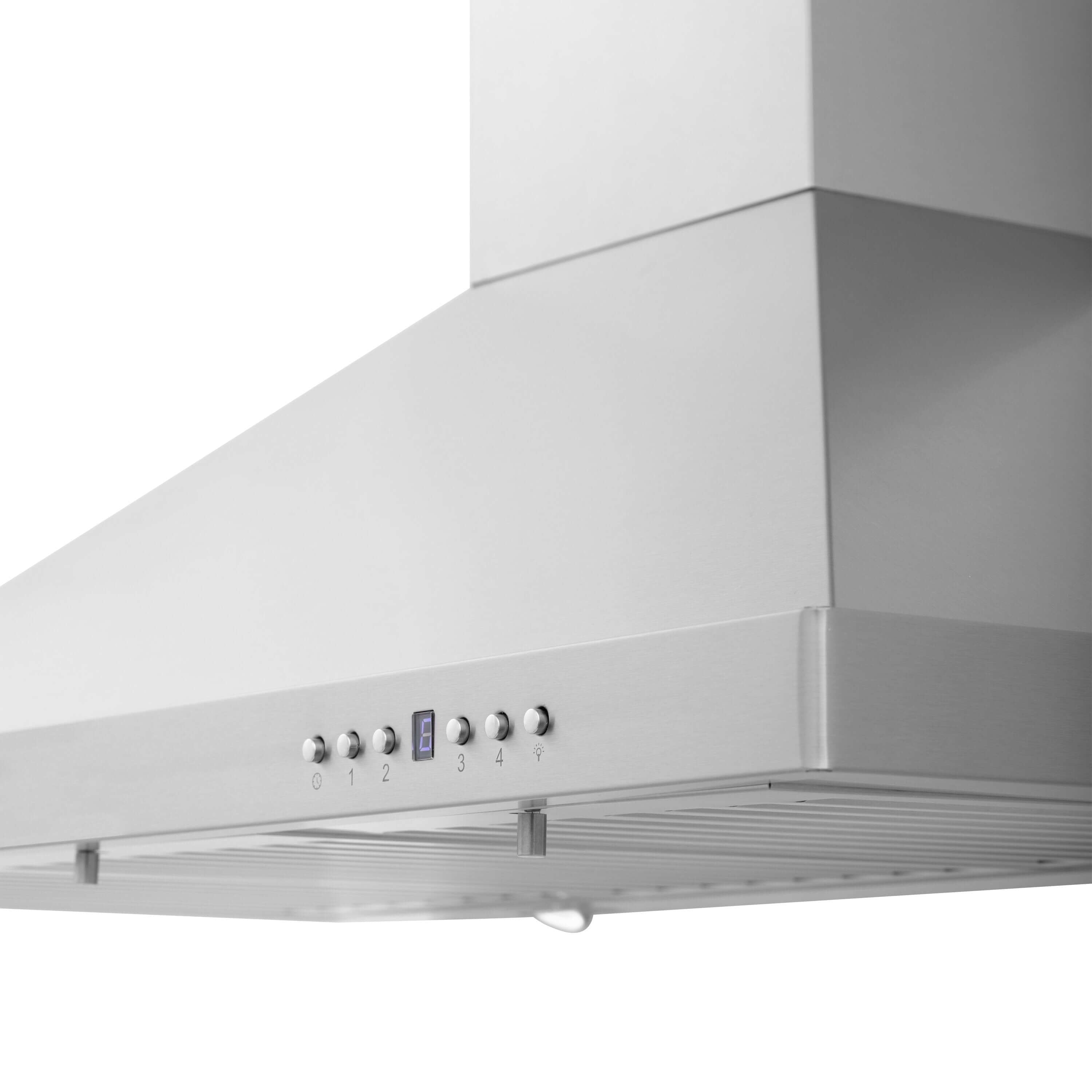 ZLINE Wall Mount Range Hood (KB) button panel, display, and stainless steel chimney details.