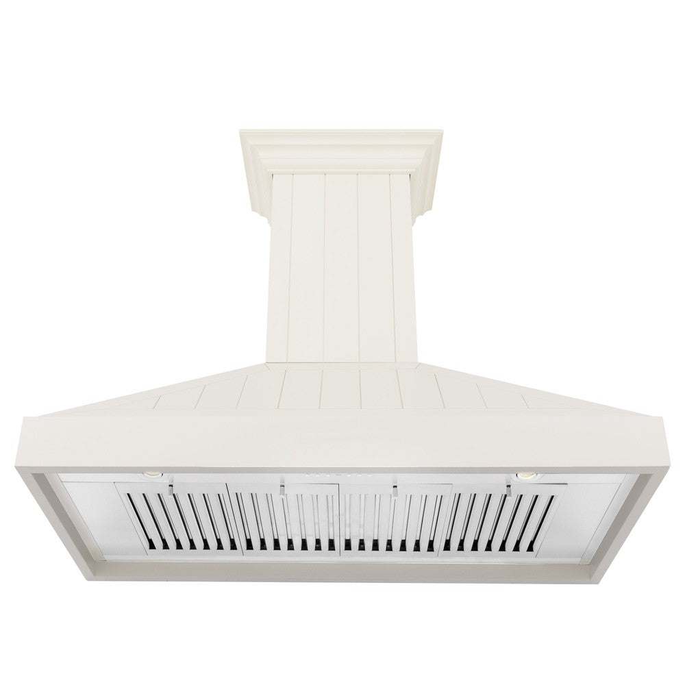 ZLINE Wooden Wall Mount Range Hood in Cottage White - Includes Motor (KPTT) front, under.