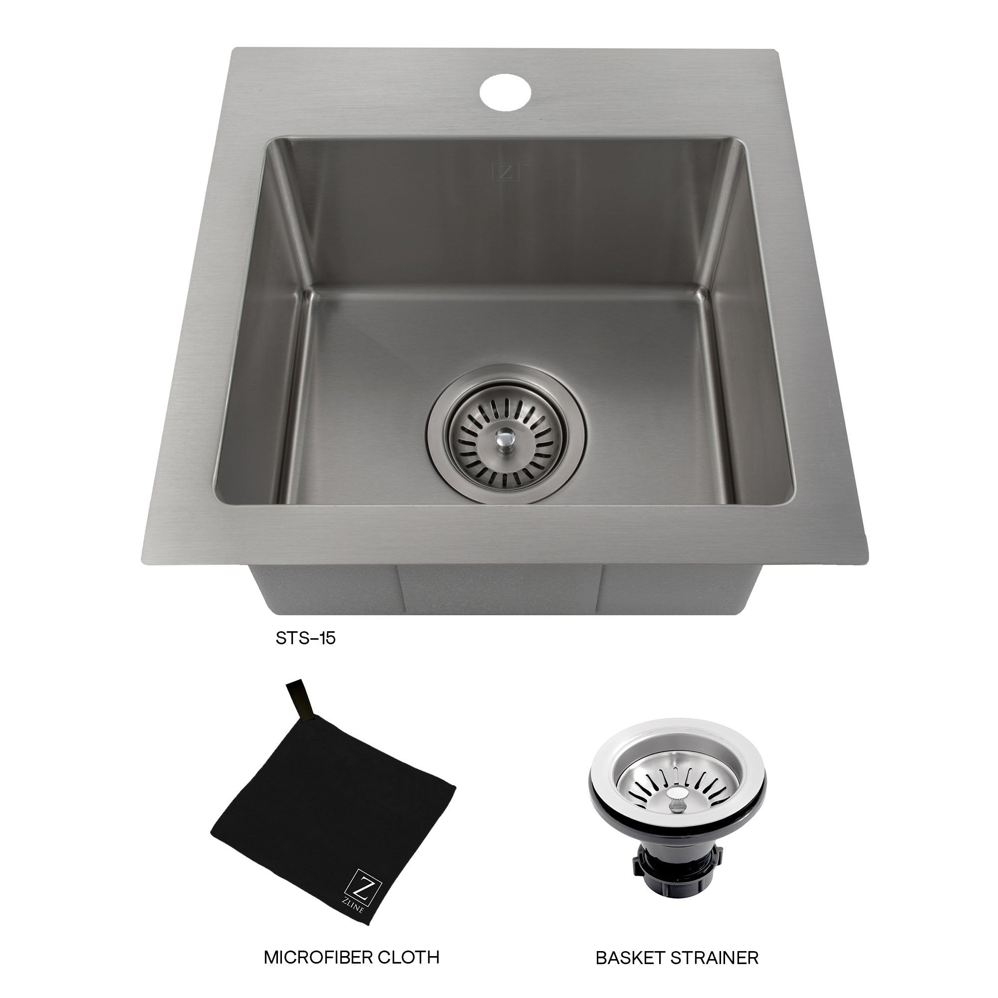ZLINE 15-inch topmount sink with included microfiber cloth and basket strainer