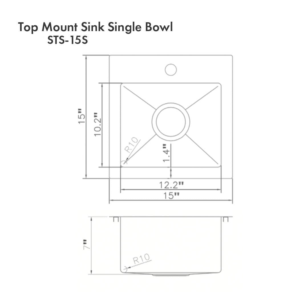 ZLINE 15 in. Donner Topmount Single Bowl Bar Kitchen Sink (STS-15) dimensions and measurements
