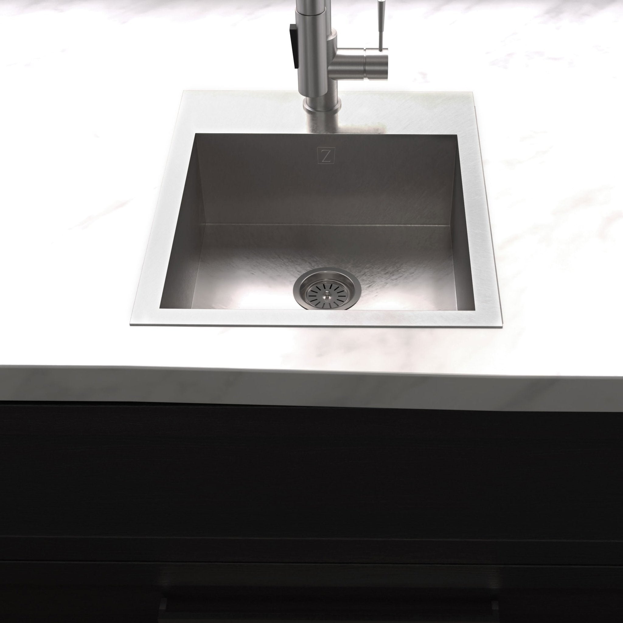 ZLINE 15-inch topmount sink installed in white marble counter kitchen