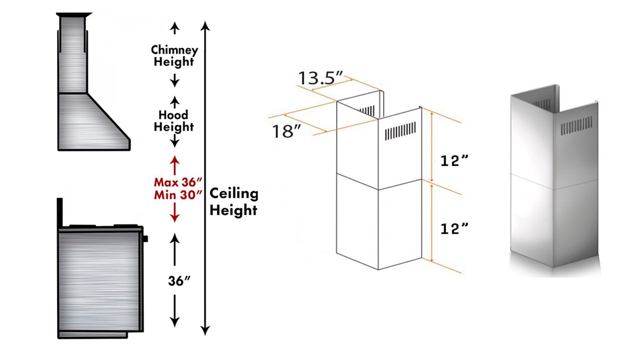 ZLINE 2-12" Short Chimney Pieces for 7 ft. to 8 ft. Ceilings (SK-687) - Rustic Kitchen & Bath - Range Hood Accessories - ZLINE Kitchen and Bath