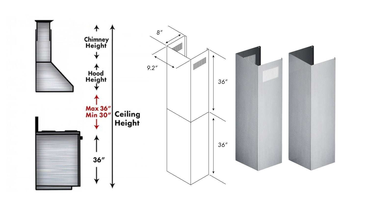 ZLINE 2-36" Chimney Extensions for 10 ft. to 12 ft. Ceilings (2PCEXT-KB/KL2/KL3-304) - Rustic Kitchen & Bath - Range Hood Accessories - ZLINE Kitchen and Bath