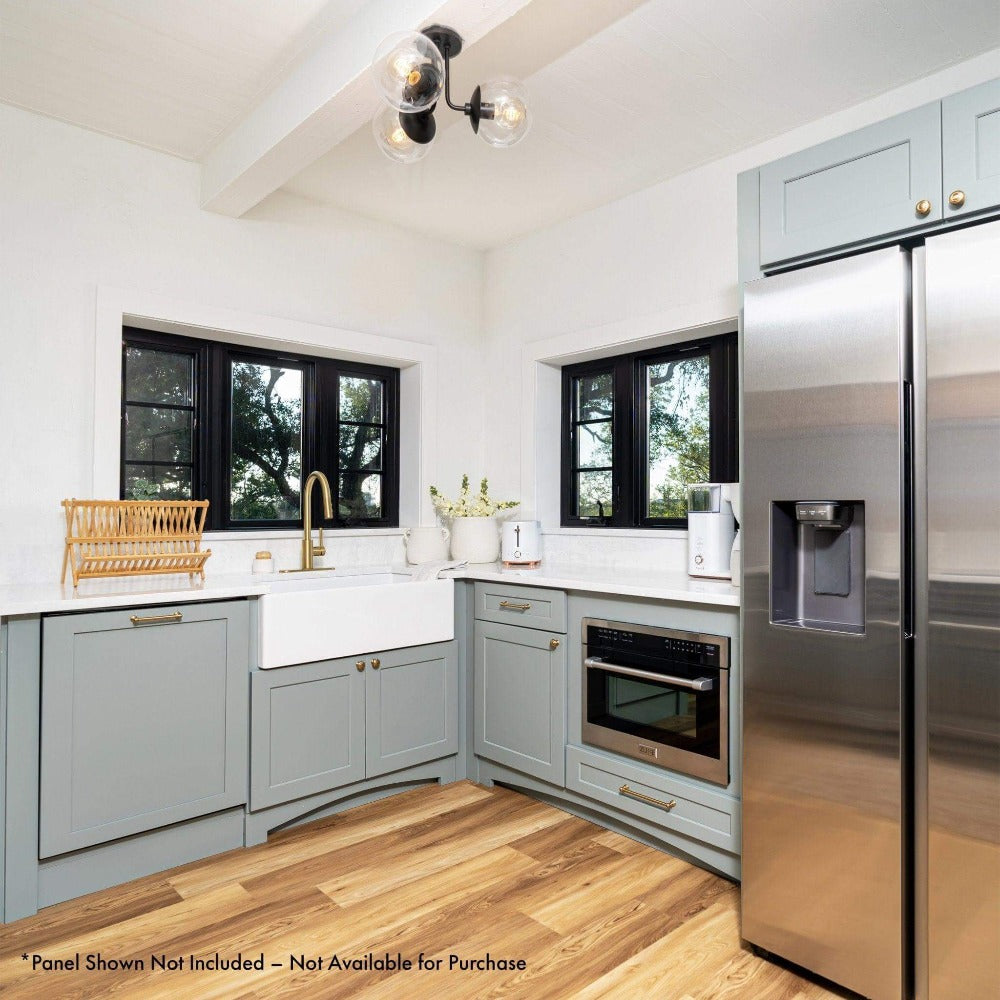 ZLINE 24 in. Stainless Steel Built-in Convection Microwave Oven with Speed and Sensor Cooking (MWO-24) installed below the counter in a cottage-style kitchen.