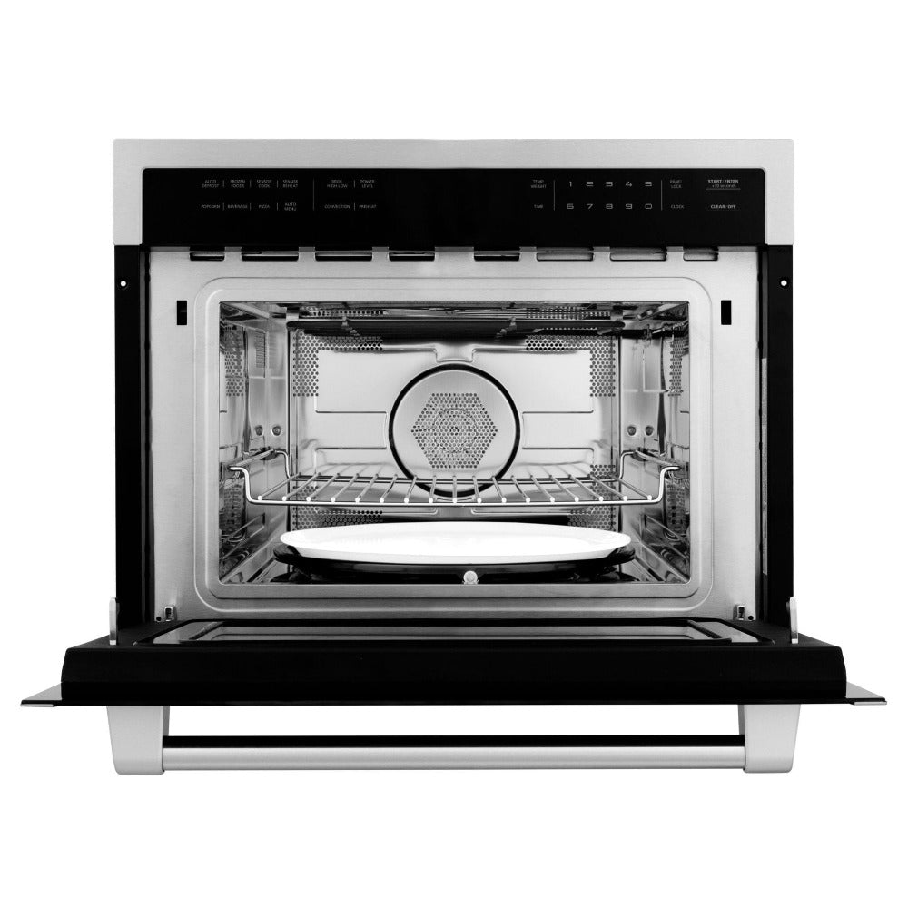 ZLINE 24 in. Stainless Steel Built-in Convection Microwave Oven with Speed and Sensor Cooking (MWO-24) front, door open.