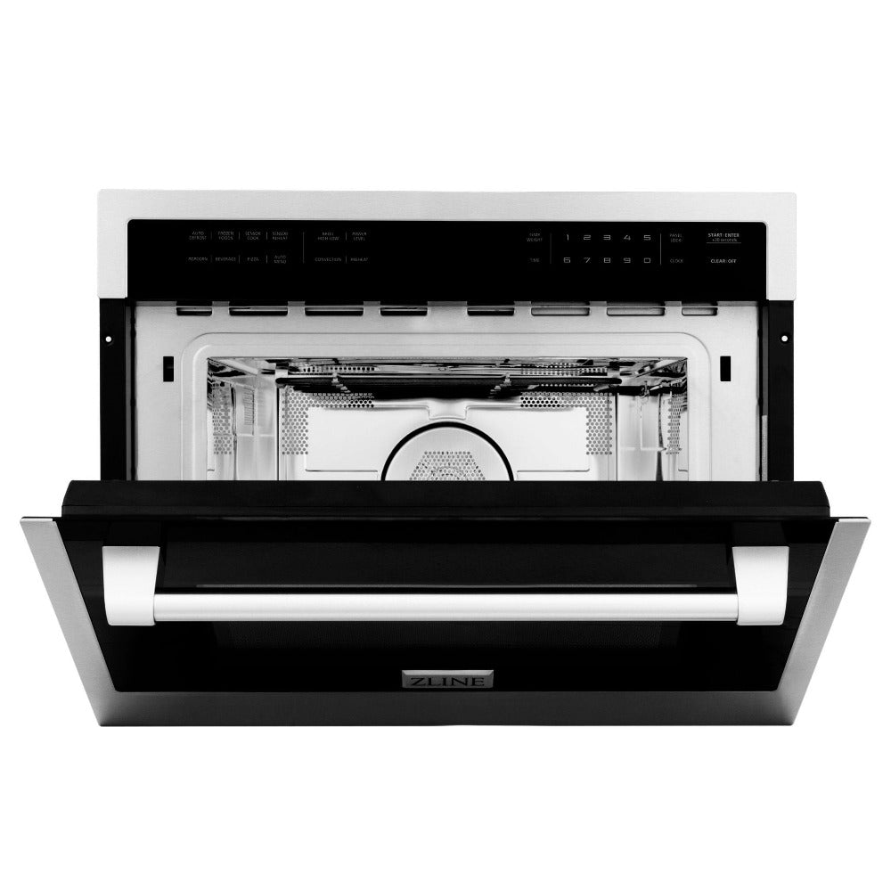 ZLINE 24 in. Stainless Steel Built-in Convection Microwave Oven with Speed and Sensor Cooking (MWO-24) front, door half open.