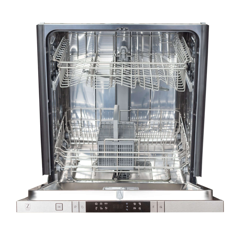 ZLINE 24 in. Panel Ready Top Control Dishwasher with Stainless Steel Tub, 52dBa (DW7713-24) Door Open, empty, showing Stainless Steel Tub.