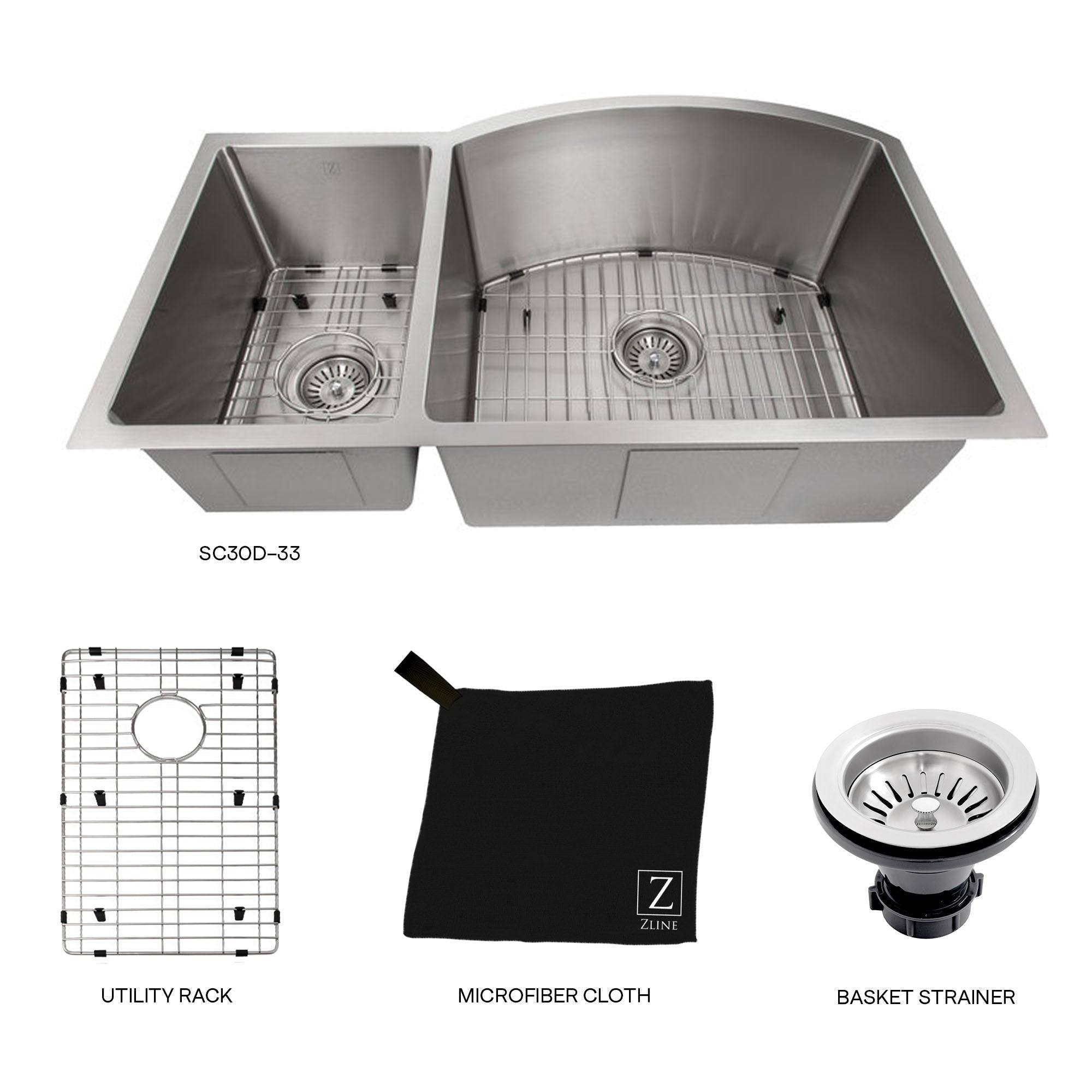 ZLINE 33 in. Aspen Undermount Double Bowl Kitchen Sink with Bottom Grid (SC30D) and included accessories - utility rack, microfiber cloth, and basket strainer