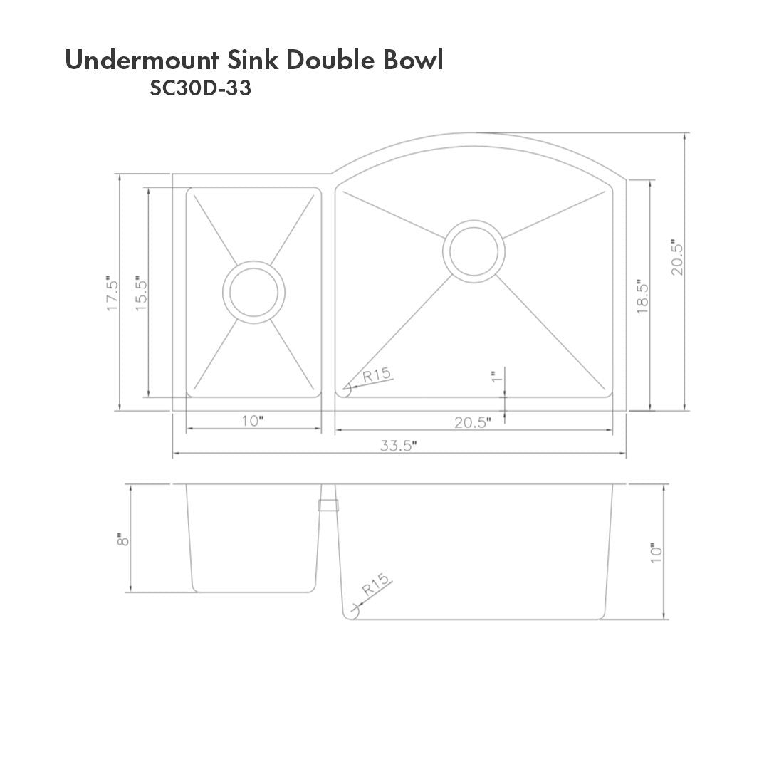 ZLINE 33" Gateway Series Undermount Double Bowl Sink (SC30D-33) - Dimensions and Measurements
