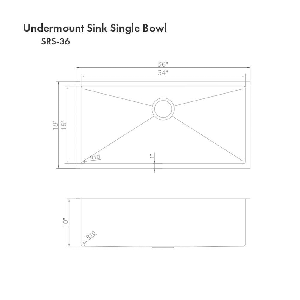 ZLINE 36 in. Meribel Undermount Single Bowl Kitchen Sink with Bottom Grid and Color Options (SRS-36) Stainless Steel