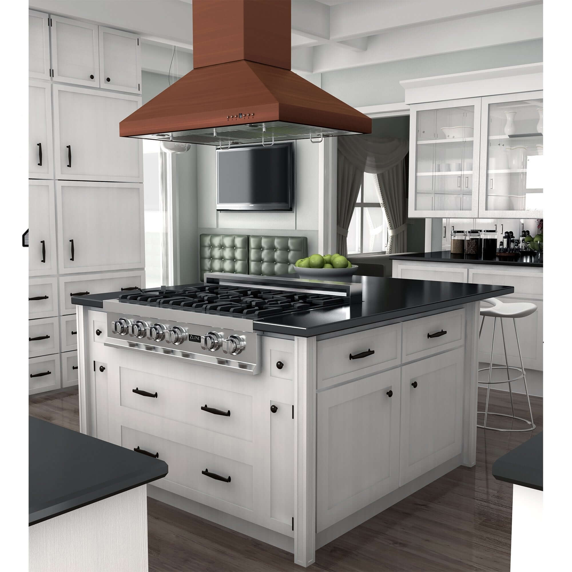 ZLINE 36 in. Designer Series Copper Island Mount Range Hood (8KL3iC-36) rendering in a modern kitchen.