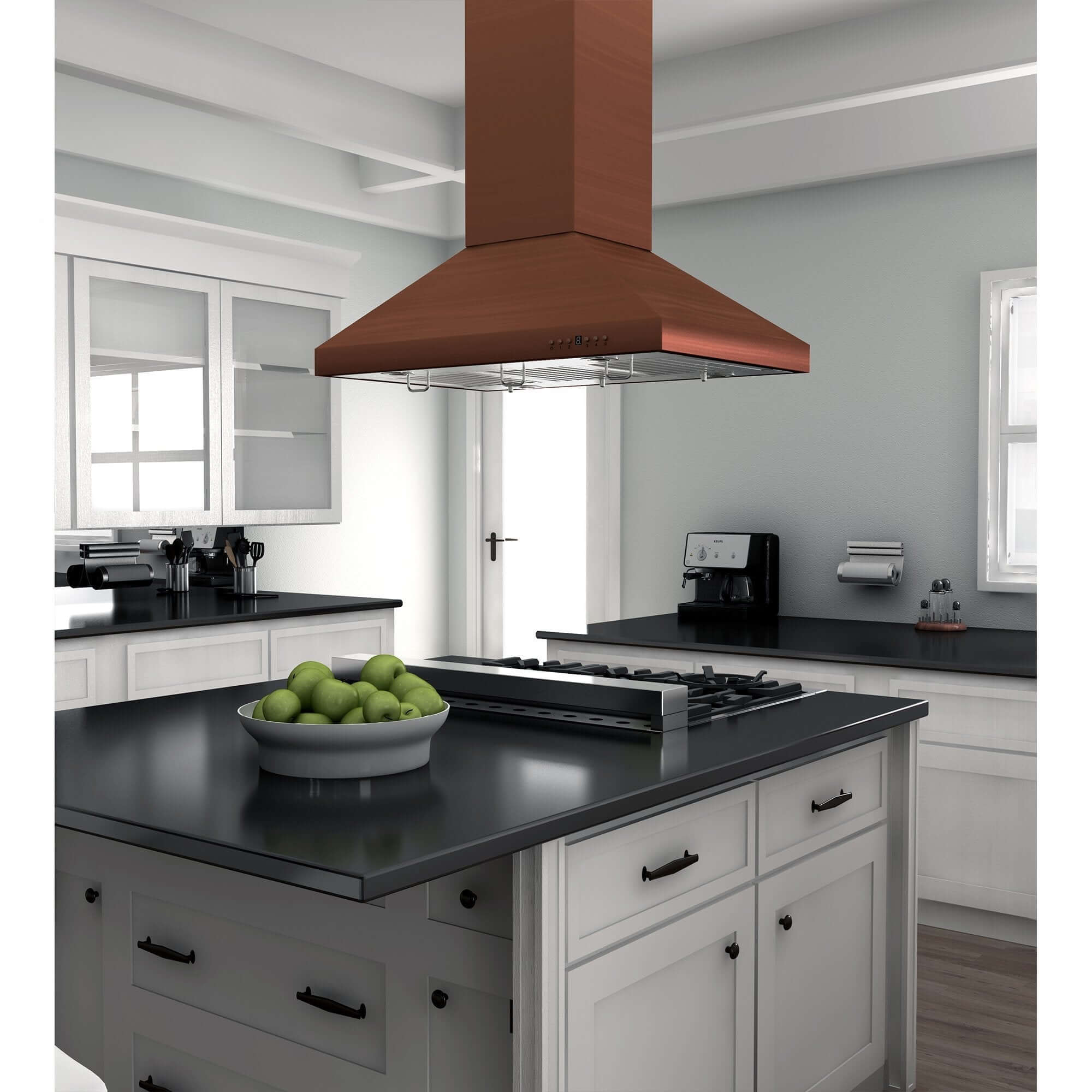 ZLINE 36 in. Designer Series Copper Island Mount Range Hood (8KL3iC-36) rendering in a modern kitchen wide angle.