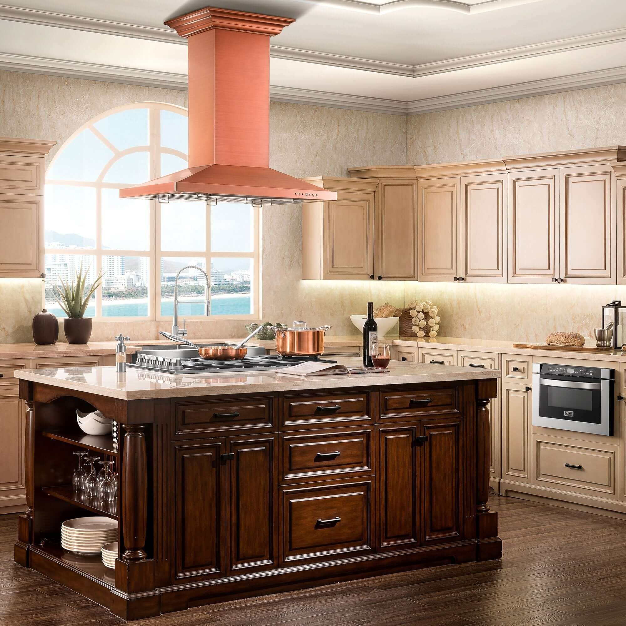 ZLINE 36 in. Designer Series Copper Island Mount Range Hood (8KL3iC-36) above a large kitchen island in a rustic kitchen wide angle.