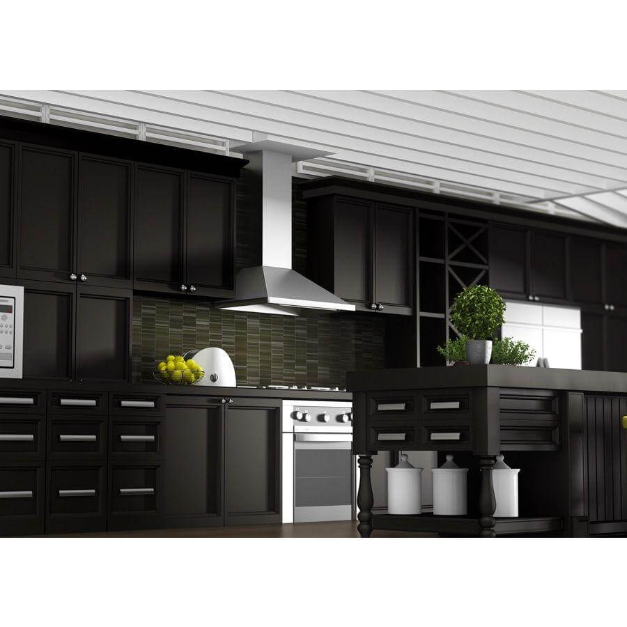 ZLINE 36" Professional Wall Mount Range Hood rendering in a modern farmhouse-style kitchen wide angle.