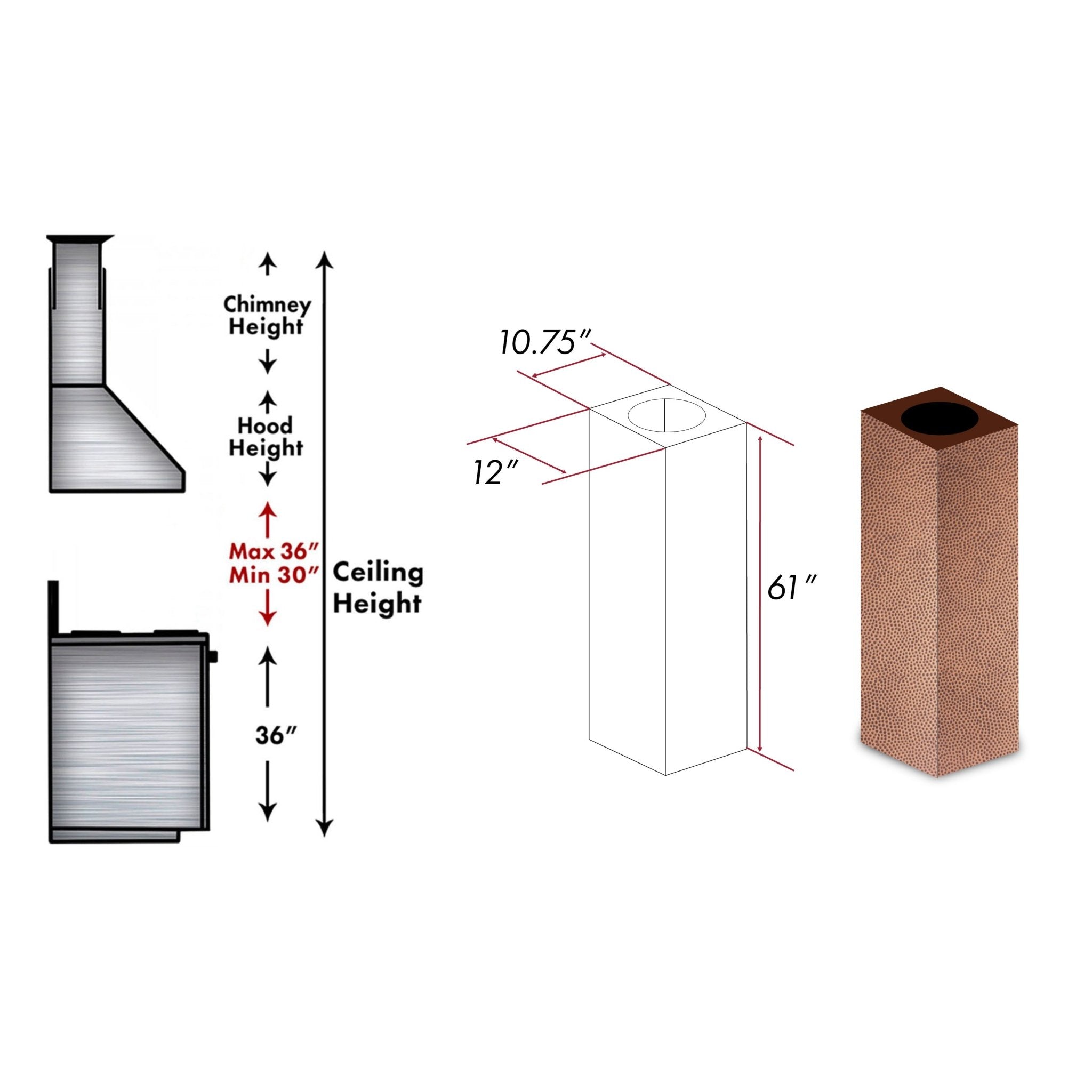 ZLINE 61 in. Hand Hammered Copper Finished Chimney Extension for Ceilings up to 12.5 ft. (8GL2Hi-E)