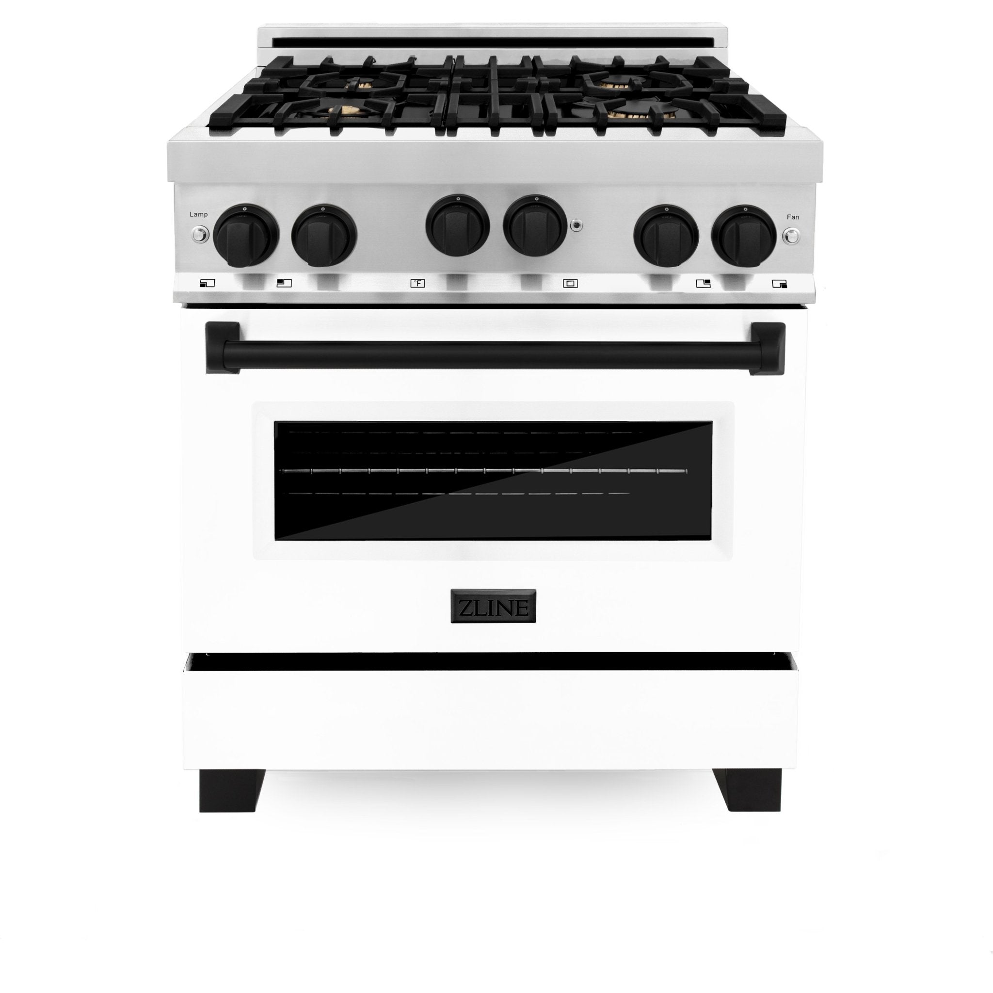 ZLINE Autograph Edition 30" 4.0 cu. ft. Range with Gas Stove and Gas Oven in Stainless Steel with White Matte Door and Matte Black Accents (RGZ-WM-30-MB) - Rustic Kitchen & Bath - Ranges - ZLINE Kitchen and Bath