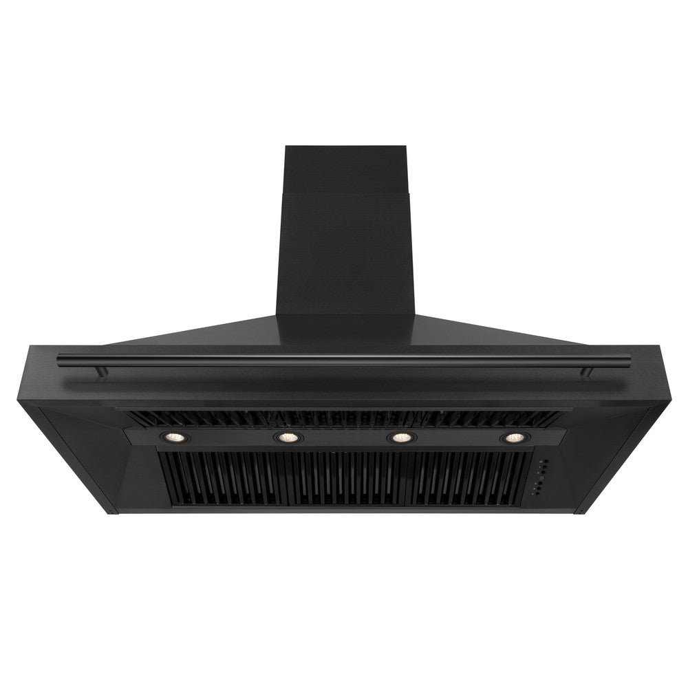 ZLINE Black Stainless Steel Range Hood with Black Stainless Steel Handle 48" size front under view.