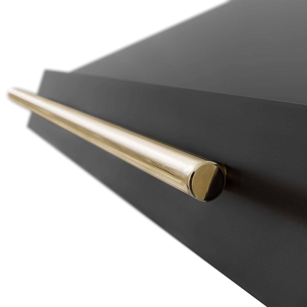 Polished Gold accent handle on ZLINE black stainless steel range hood.