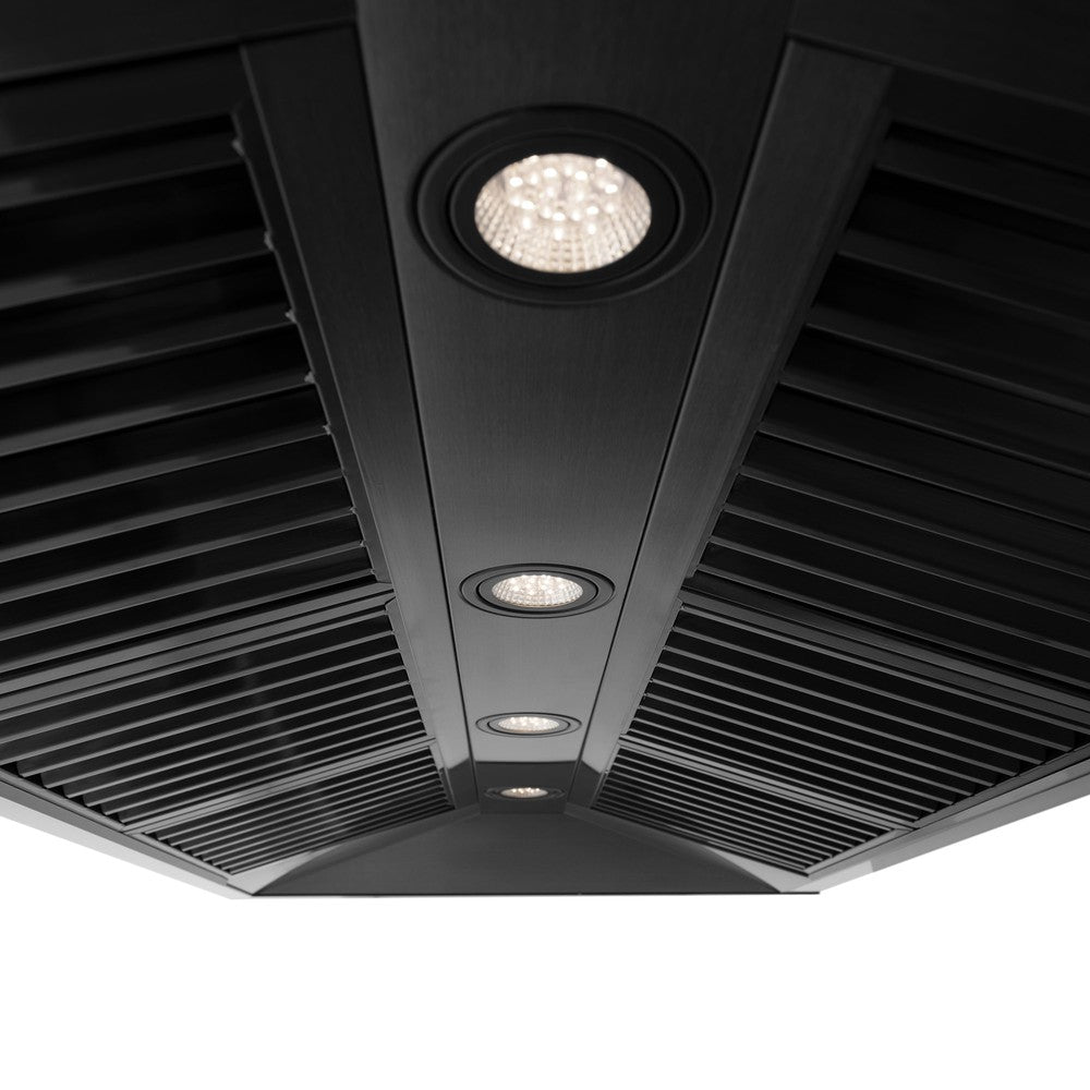 Built-in LED cooktop lighting on 48" ZLINE Black Stainless Steel range hood.