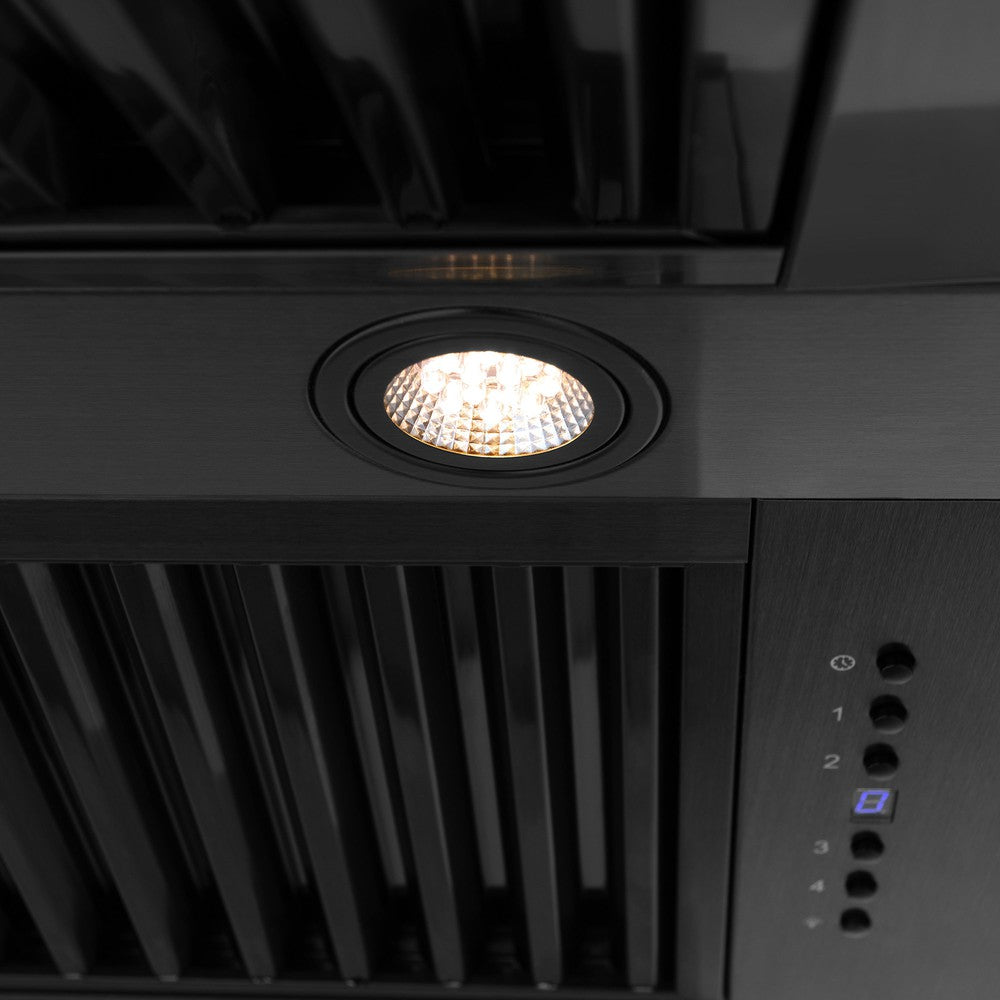Built-in directional LED lighting on ZLINE black stainless steel range hood.