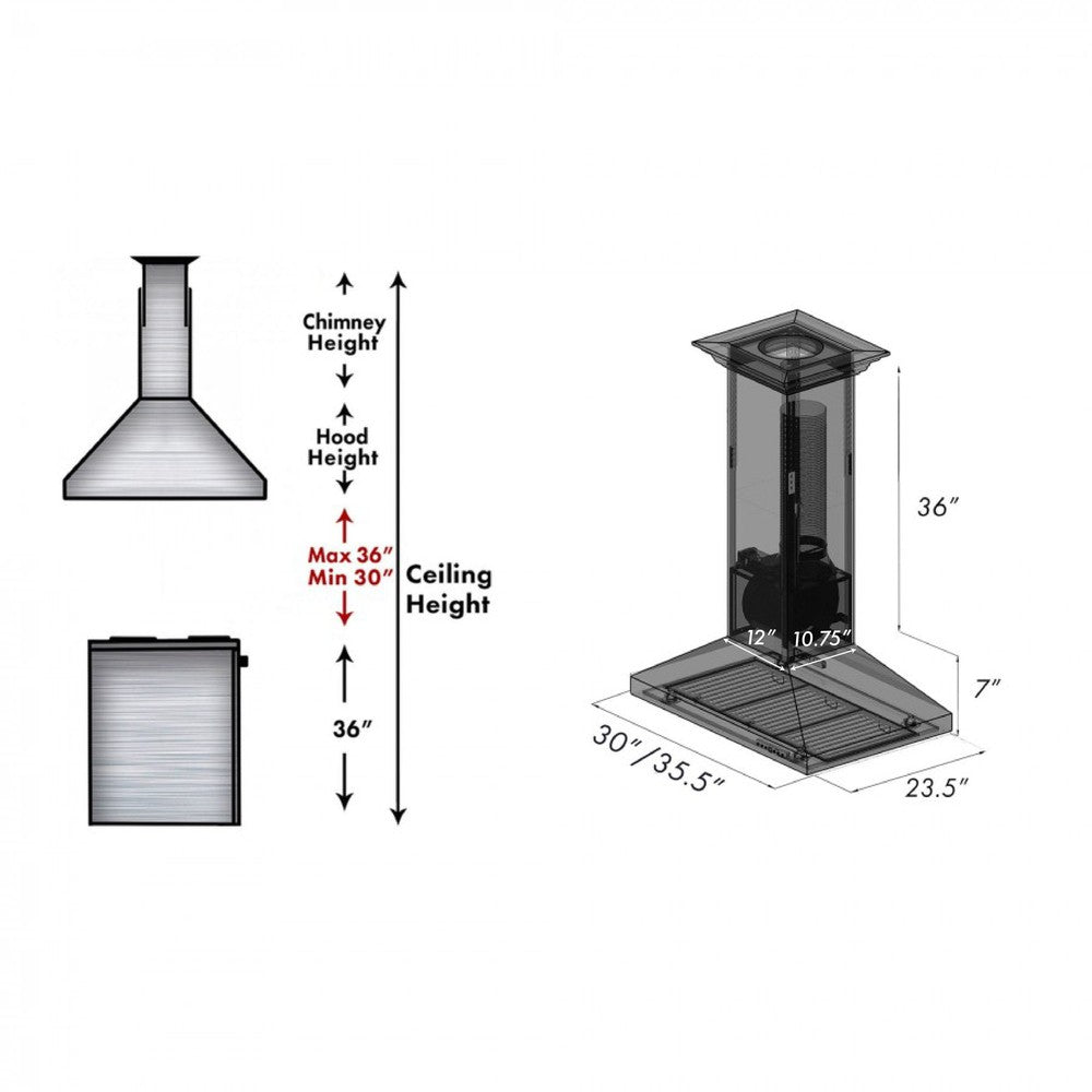 ZLINE Designer Series Oil-Rubbed Bronze Island Mount Range Hood (8GL2Bi) dimensional diagram and chimney height guide.