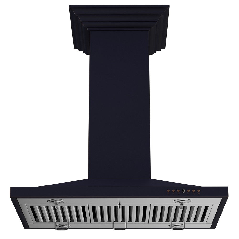 ZLINE Designer Series Oil-Rubbed Bronze Island Mount Range Hood (8GL2Bi) front, under.