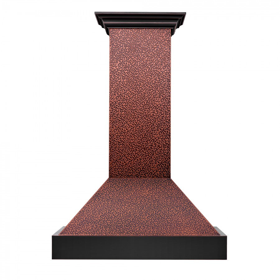 ZLINE Designer Series Wall Mount Range Hood in Embossed Copper with Oil-Rubbed Bronze Bands (655-EBXXX) front.