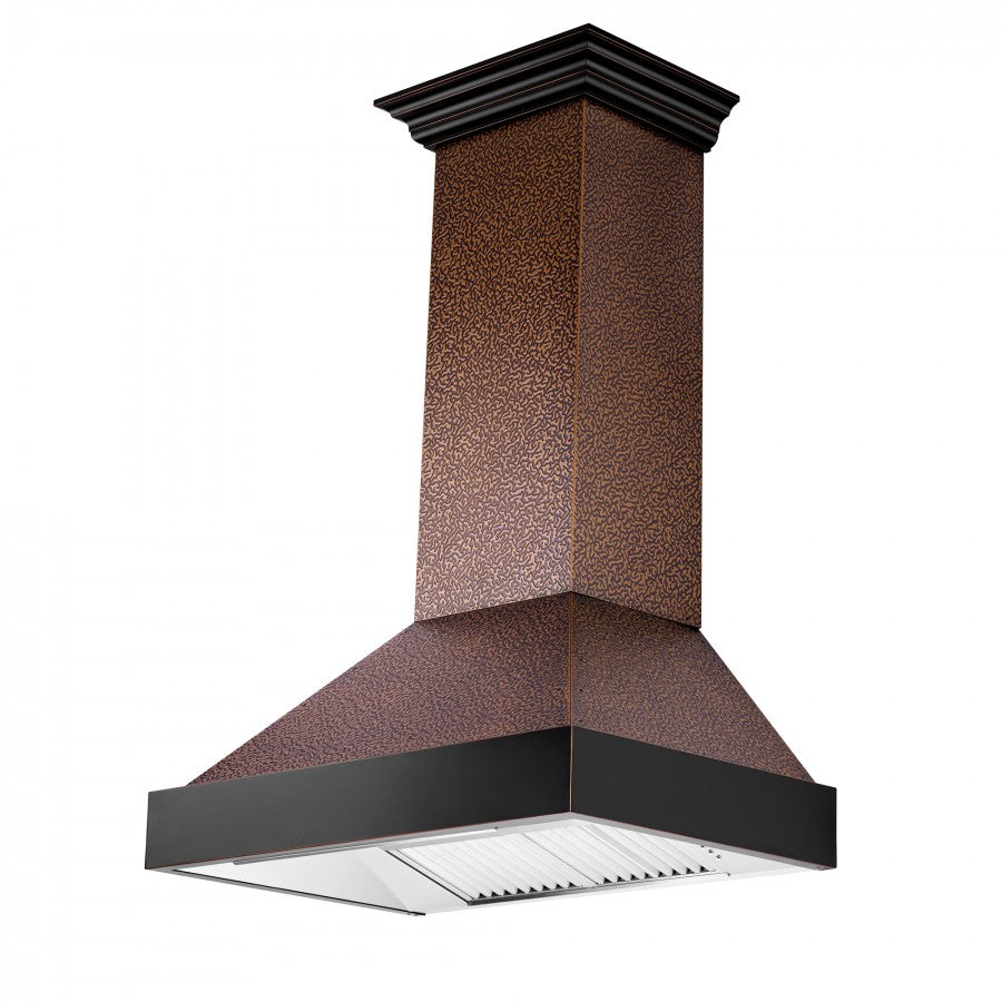 ZLINE Designer Series Wall Mount Range Hood in Embossed Copper with Oil-Rubbed Bronze Bands (655-EBXXX) side, under.